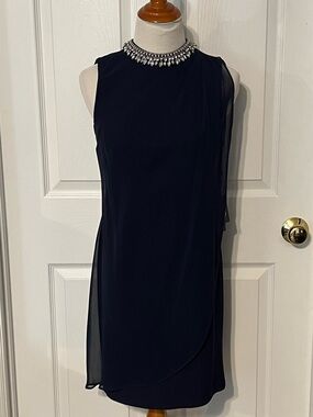NWT Adrianna Papell Navy Sleeveless Beaded-Neck Cocktail Dress